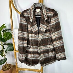 Anthropologie Maeve Brown Brushed Plaid Blazer sz L